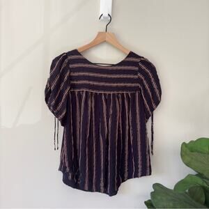 Anthropologie Metallic Striped Keyhole Tie Bow Sleeve Top Button Up Back Viscose